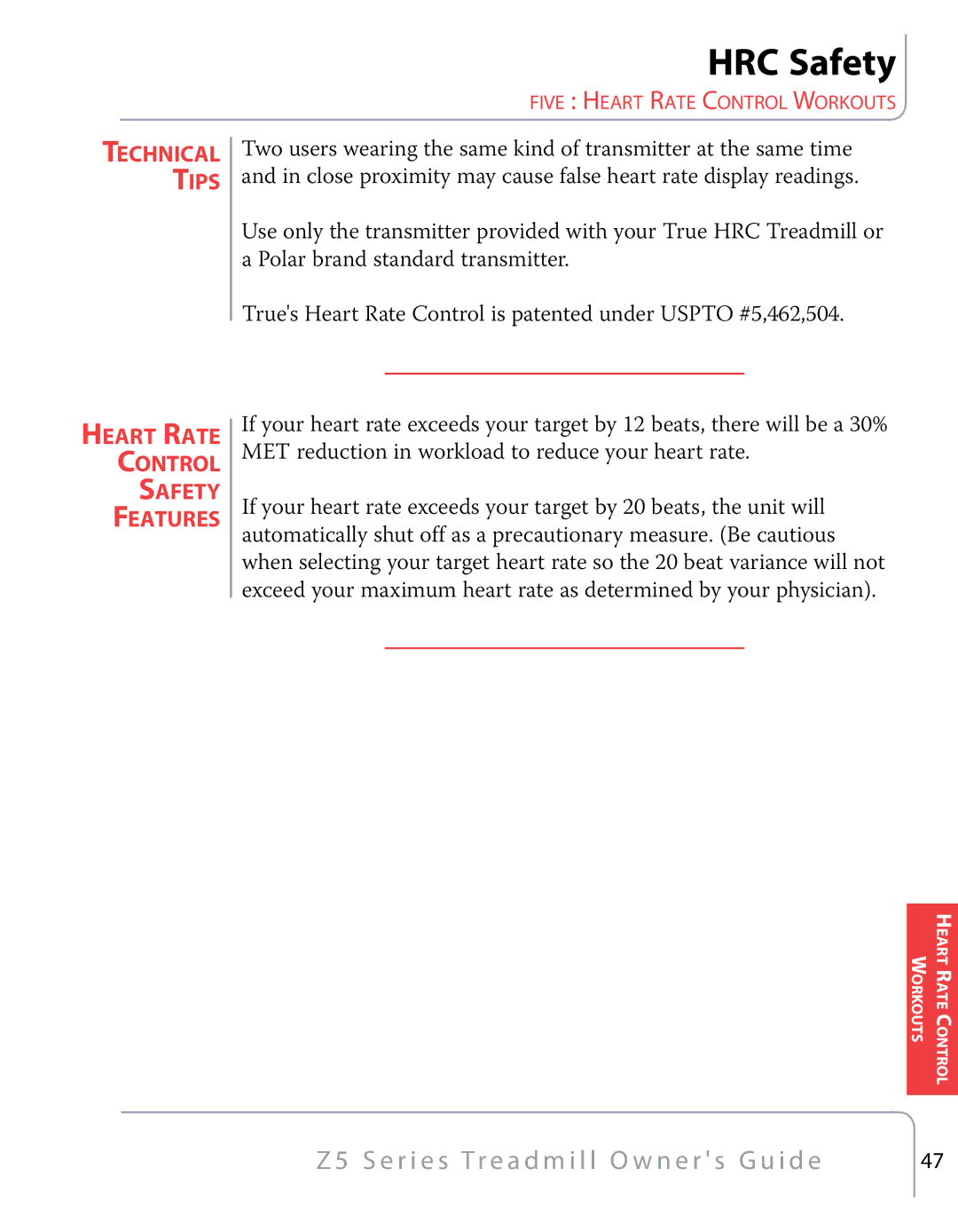 True Fitness Z5 Series manual HRC Safety, Heart Rate Control Safety Features 